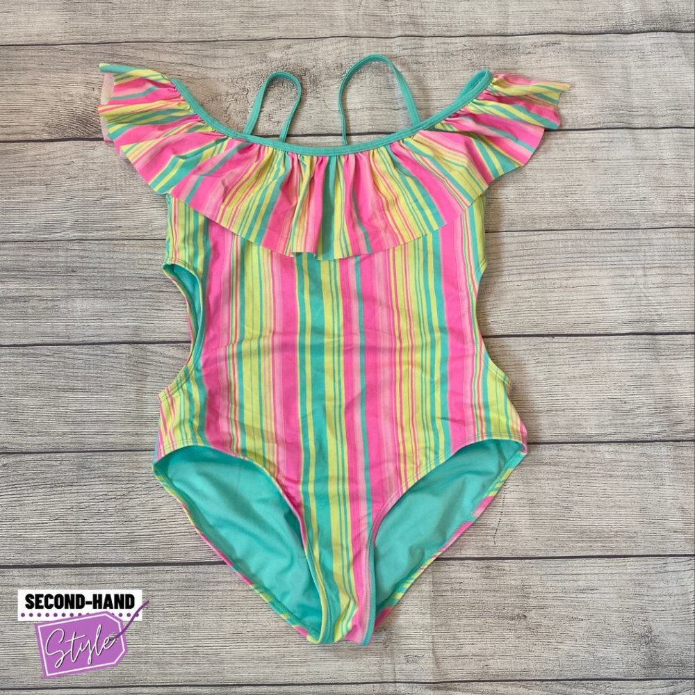 Wonder Nation Girls SzXL Neon Stripe Ruffle Swimsuit